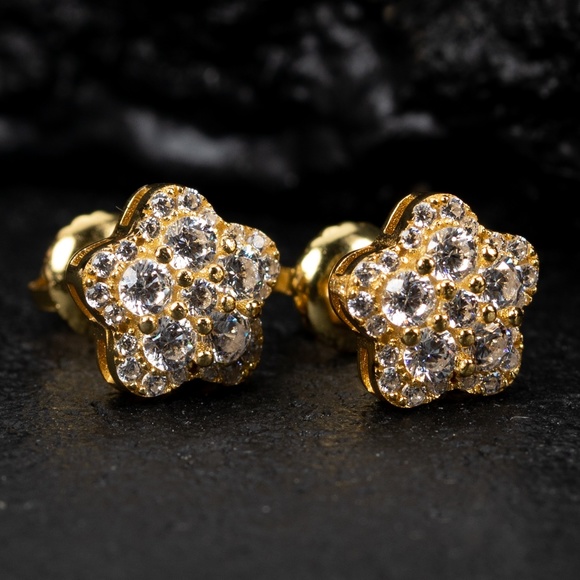 Hop Hop Cluster Yellow Gold Sterling Silver Flower Star Screw Back Earrings - Picture 2 of 5